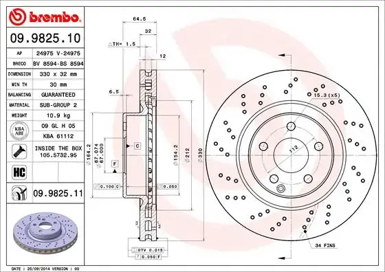 Вентильований гальмівний диск Brembo 09.9825.11 (фото 1)