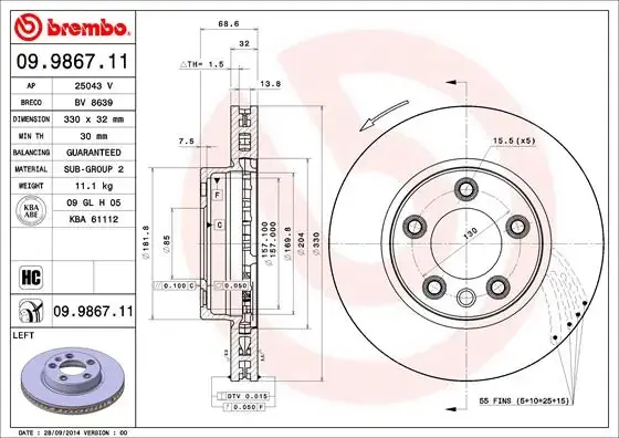 Вентильований гальмівний диск Brembo 09986711 (фото 1)