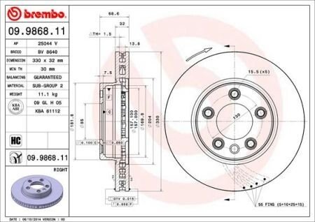 Вентильований гальмівний диск brembo 09986811