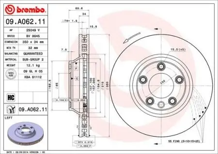 Вентильований гальмівний диск Brembo 09A06211 (фото 1)