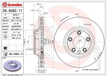 Вентильований гальмівний диск brembo 09A06211
