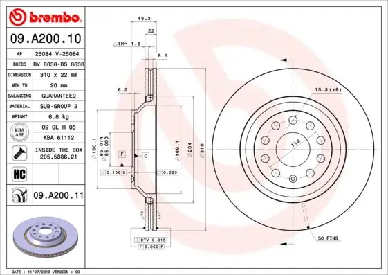 Вентильований гальмівний диск Brembo 09.A200.11 (фото 1)