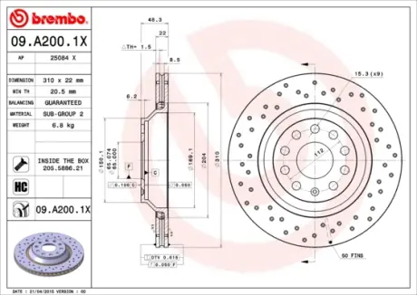Вентильований гальмівний диск Brembo 09.A200.1X