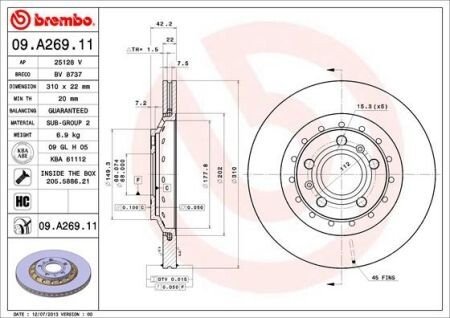 Вентилируемый тормозной диск brembo 09.A269.11 на Ауди А8 д2