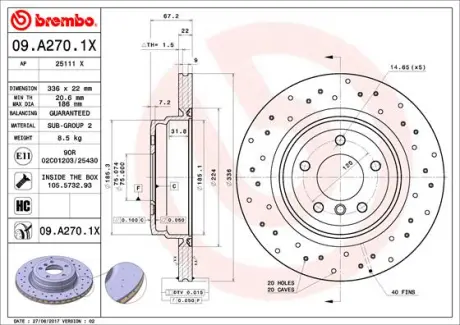 Вентильований гальмівний диск Brembo 09A2701X