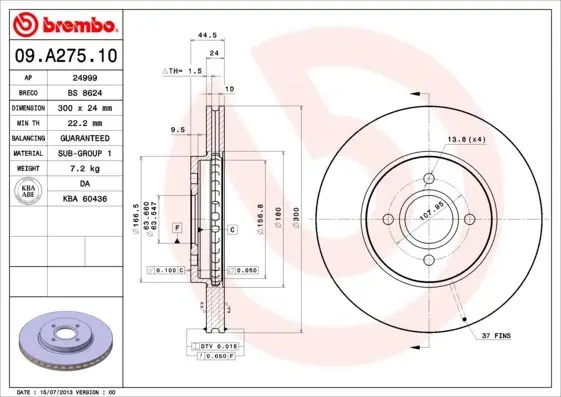 Вентильований гальмівний диск Brembo 09A27510 (фото 1)