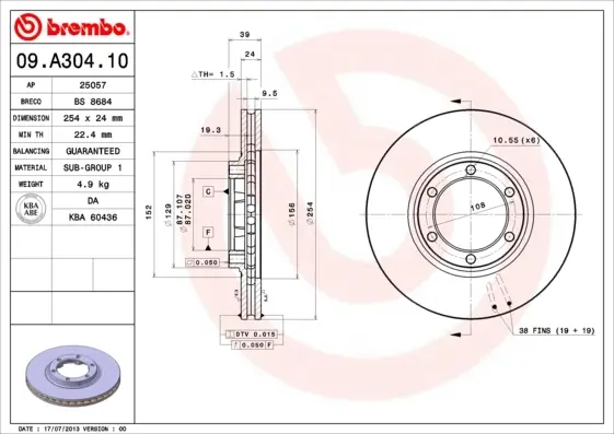 Вентильований гальмівний диск Brembo 09A30410 (фото 1)