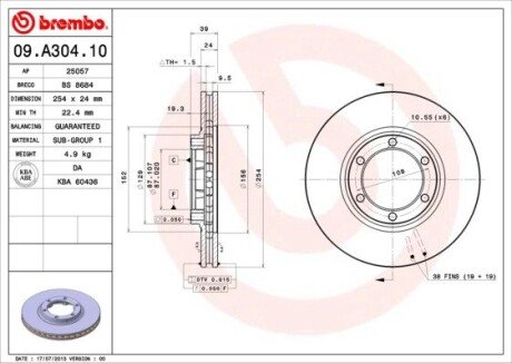 Вентилируемый тормозной диск brembo 09.A304.10 на Митсубиси L200