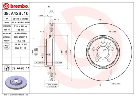 Вентилируемый тормозной диск brembo 09.A426.11
