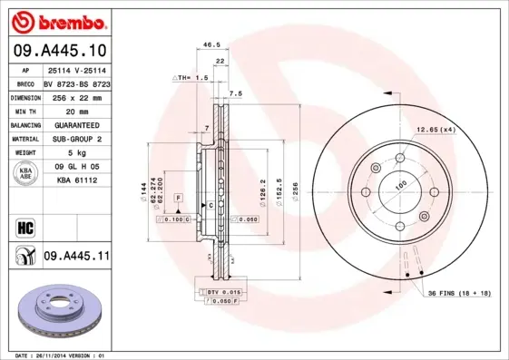 Вентильований гальмівний диск Brembo 09.A445.10 (фото 1)