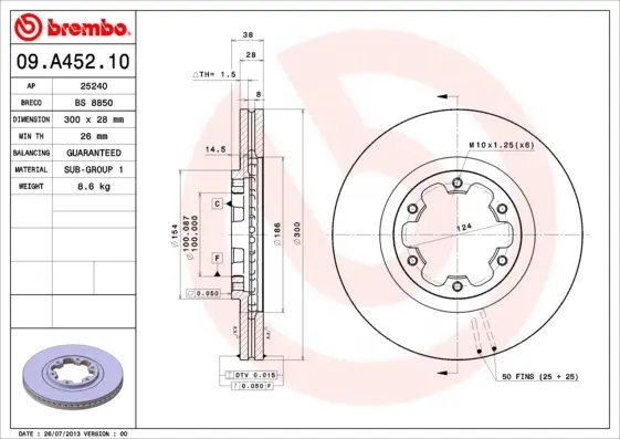 Вентильований гальмівний диск Brembo 09A45210 (фото 1)