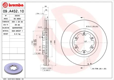 Вентильований гальмівний диск Brembo 09A45210