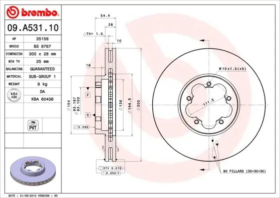 Вентильований гальмівний диск Brembo 09.A531.10 (фото 1)