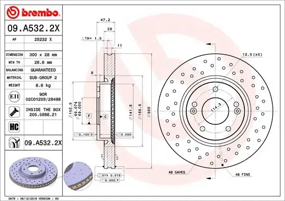 Вентилируемый тормозной диск brembo 09A5322X