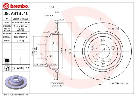 Вентильований гальмівний диск Brembo 09.A616.10 (фото 1)