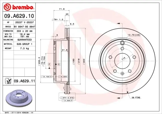 Вентильований гальмівний диск Brembo 09A62910 (фото 1)