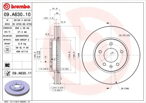 Вентильований гальмівний диск Brembo 09A63010 (фото 1)