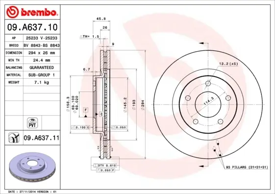 Вентильований гальмівний диск Brembo 09A63710 (фото 1)