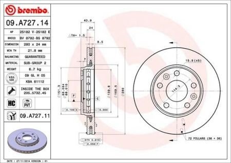 Вентилируемый тормозной диск brembo 09.A727.14 на Рено Гранд сценик 3