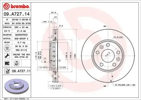 Вентилируемый тормозной диск brembo 09A72714 Рено Megane