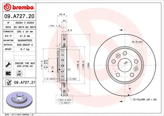 Вентилируемый тормозной диск brembo 09.A727.21