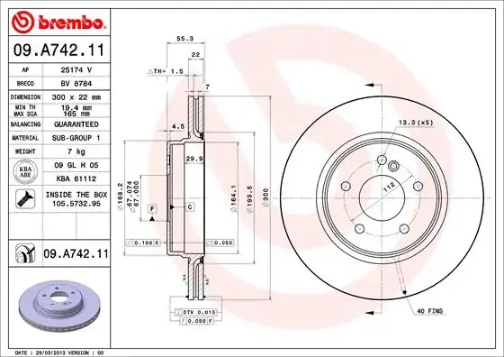 Вентильований гальмівний диск Brembo 09.A742.11 (фото 1)