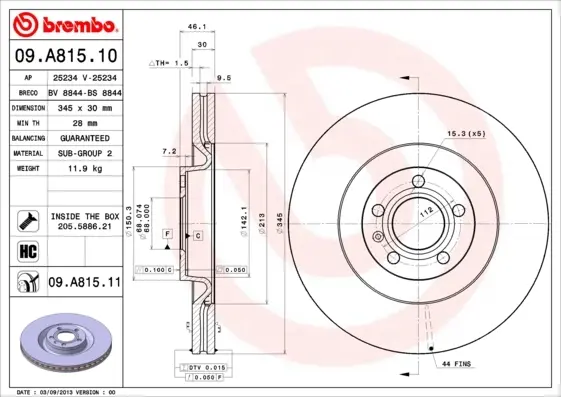 Вентильований гальмівний диск Brembo 09A81511 (фото 1)