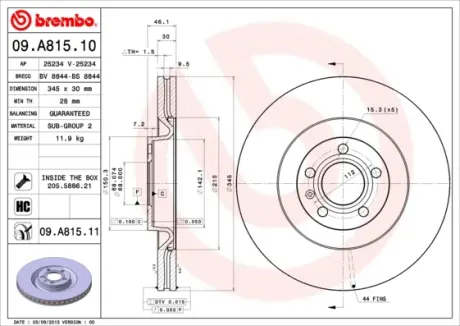Вентильований гальмівний диск Brembo 09A81511