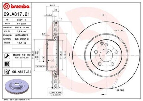 Вентилируемый тормозной диск brembo 09.A817.21 на Мерседес W211