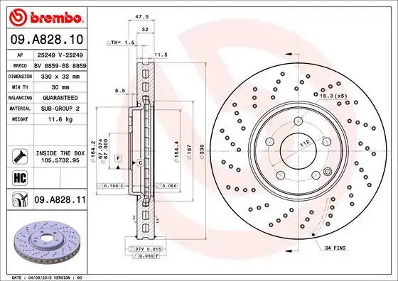 Вентилируемый тормозной диск brembo 09A82811