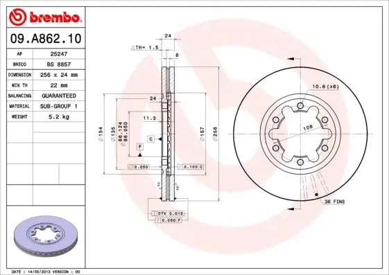 Вентильований гальмівний диск Brembo 09A86210 (фото 1)