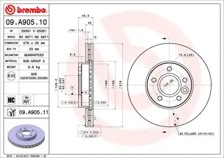 Вентилируемый тормозной диск brembo 09.A905.10