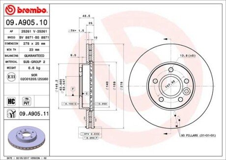 Вентильований гальмівний диск brembo 09A90511 на Вольво C30