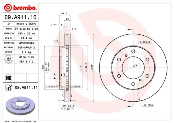 Вентильований гальмівний диск Brembo 09A91111 (фото 1)