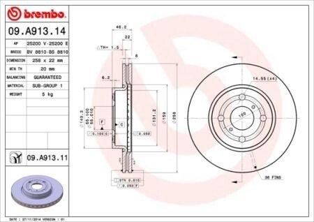 Вентилируемый тормозной диск brembo 09.A913.14