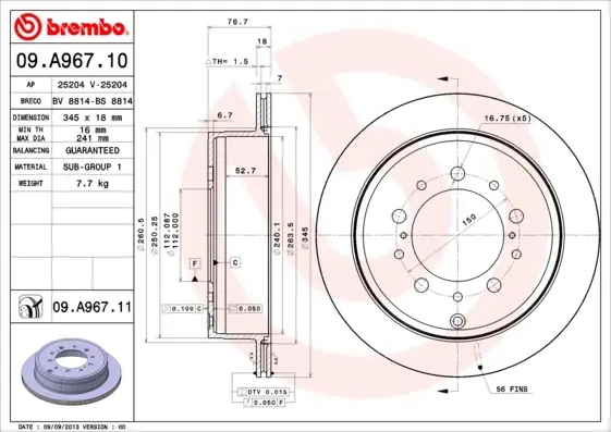 Вентилируемый тормозной диск brembo 09.A967.11