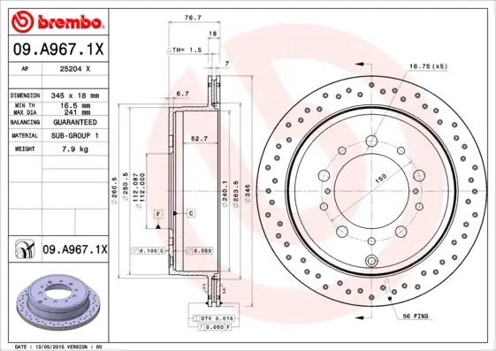 Вентильований гальмівний диск Brembo 09.A967.1X (фото 1)