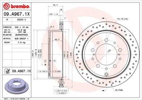 Вентилируемый тормозной диск brembo 09.A967.1X