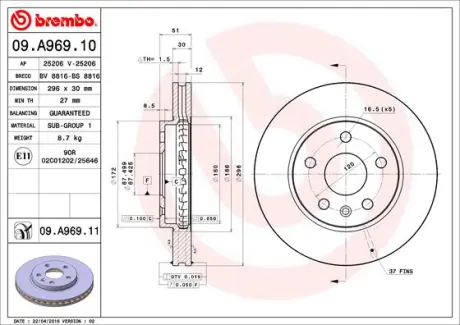 Вентильований гальмівний диск Brembo 09A96911