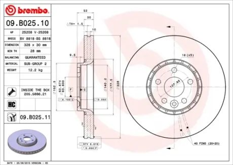 Вентилируемый тормозной диск brembo 09.B025.11