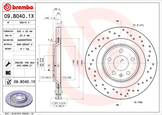 Вентильований гальмівний диск Brembo 09.B040.1X (фото 1)