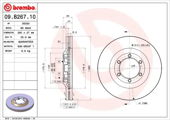 Вентилируемый тормозной диск brembo 09B26710