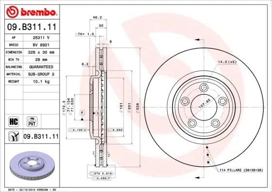 Вентилируемый тормозной диск brembo 09B31111