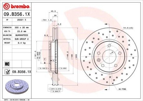 Вентилируемый тормозной диск brembo 09.B356.1X на Опель Астра h