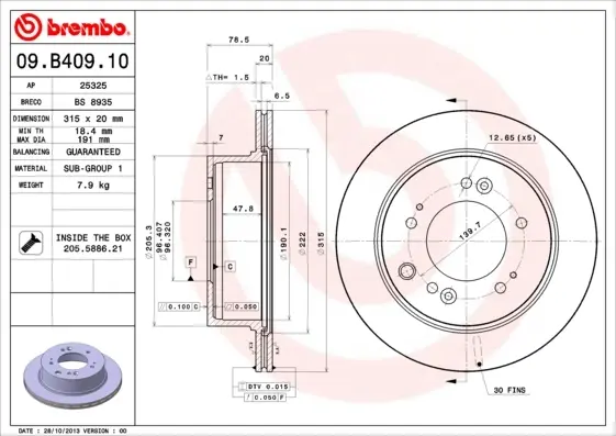 Вентилируемый тормозной диск brembo 09B40910