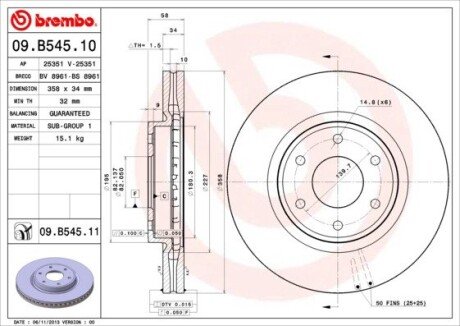 Вентильований гальмівний диск brembo 09.B545.11 на Ниссан Патрол y62