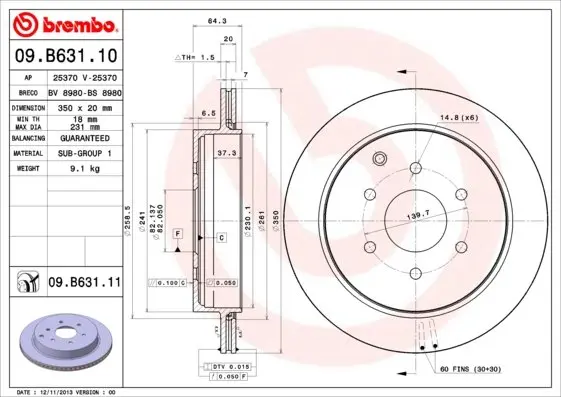 Вентилируемый тормозной диск brembo 09B63111