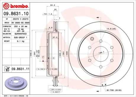 Вентильований гальмівний диск Brembo 09B63111