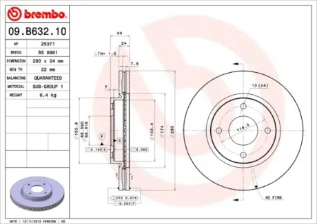 Вентильований гальмівний диск Brembo 09.B632.10