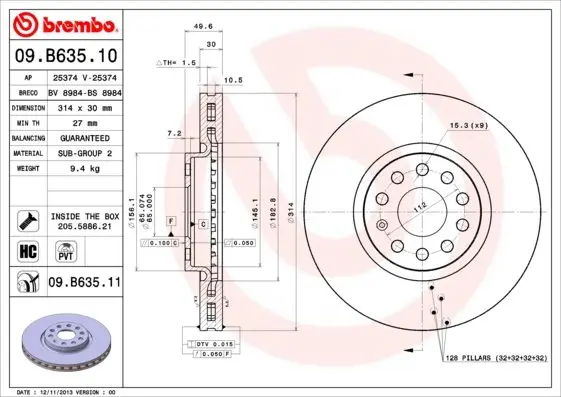 Вентильований гальмівний диск Brembo 09.B635.11 (фото 1)